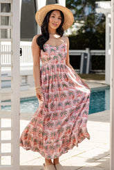 Sunset Palm Coral Print Midi Dress