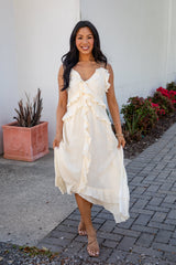 Always Invited Cream Ruffle Midi Dress