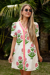 Petal Pop Trim Floral Button Front Ivory Mini Dress