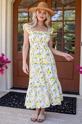 Sunny Days Ahead White Lemon Print Midi Dress