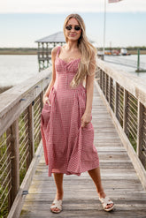 Sweet Cherry Red Plaid Midi Dress