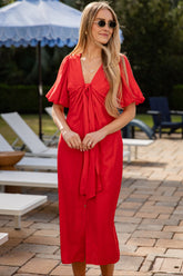 Falling For You Red Puff Sleeve Midi Dress