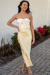 Unforgettable Entrance Yellow Bow Satin Midi Dress