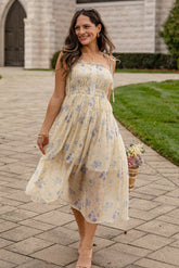 Sweet Garden Smocked Yellow Floral Midi Dress