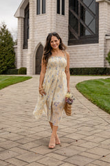Sweet Garden Smocked Yellow Floral Midi Dress