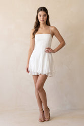 Spaghetti Straps A-Line Mini Dress with Crisscross Back in White