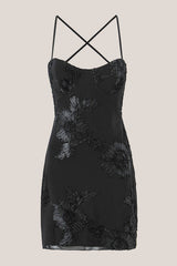 Spaghetti Straps Sheath Cotton Mini Dress in Black