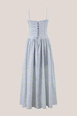 Spaghetti Straps Vintage Rose Printed Cotton Maxi Dress in Blue