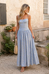 Spaghetti Straps Vintage Rose Printed Cotton Maxi Dress in Blue