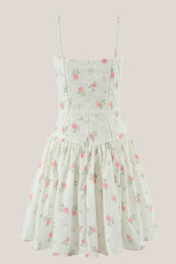 Spaghetti Straps Vintage Rose Printed Cotton Mini Dress in White