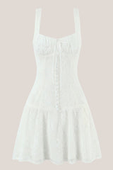 Square Neck A-Line Lace Cotton Mini Dress in White