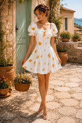 Square Neck A-Line Printed Mini Dress in White