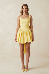 Square Neck A Line Satin Mini Dress with Back Bow in Yellow