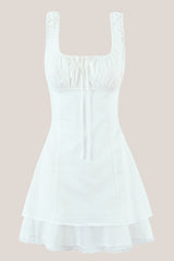 Square Neck Lace A-Line Cotton Mini Dress in White