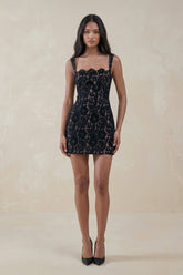 Square Neck Lace Sheath Mini Dress in Black