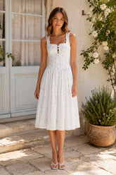 Square Neck Vintage Rose Printed Cotton Midi Dress in White