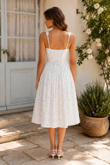 Square Neck Vintage Rose Printed Cotton Midi Dress in White