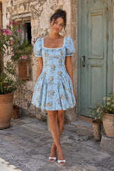 Square Neck Vintage Rose Printed Cotton Mini Dress in Blue