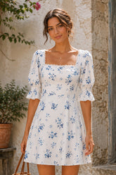 Square Neck Vintage Rose Printed Cotton Mini Dress in White