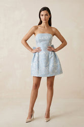 Strapless Jacquard A Line Mini Prom Dress With Bowknot in Sky Blue