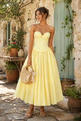 Sweetheart A-Line Corset Pleated Midi Dress in Yellow