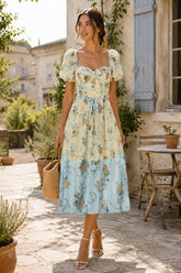 Sweetheart A-Line Vintage Rose Printed Cotton Mini Dress in Yellow