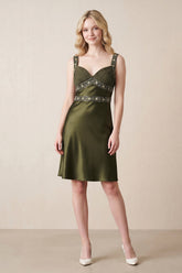Sweetheart Satin Sheath Mini Dress With Rhinestone in Olive