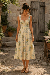 Sweetheart Vintage Rose Printed Cotton Midi Dress in Yellow