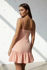 Twist-Front Ruffled Hem Mini Dress in Blush Pink