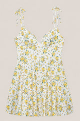 V-Neck A-Line Vintage Rose Printed Cotton Mini Dress in Yellow