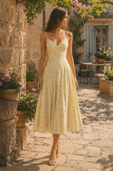 V-Neck A-Line Warm Rose Print Cotton Midi Dress in Yellow
