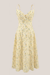 V-Neck A-Line Warm Rose Print Cotton Midi Dress in Yellow