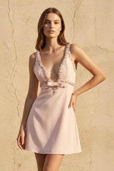 V Neck Beaded Mini Dress With Bow in Pink