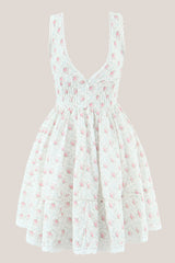 V-Neck Vintage Rose Printed Cotton Mini Dress in White
