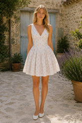 V-Neck Vintage Rose Printed Cotton Mini Dress in White