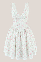 V-Neck Vintage Rose Printed Cotton Mini Dress in White