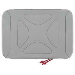 The image shows the Vertx Pack Organizer Large, a gray rectangular laptop sleeve with rounded corners and black stitching forming a pattern on the front. It features a red zipper pull on the lower edge. The surface appears padded, resembling other loop-lined bags from Vertx for added functionality.
