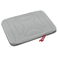The Vertx Pack Organizer Large by Vertx is a gray, rectangular laptop sleeve adorned with an abstract pattern. It features a zipper closure with red zipper pulls and slightly rounded corners. Constructed from soft and padded material for protection, the sleeve also includes darker trimmed edges, reminiscent of loop-lined bags for added durability.