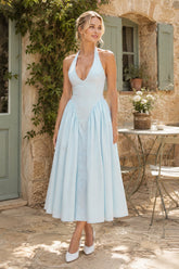 Vintage Halter Cotton Midi Dress in Blue