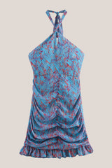 Vintage Halter Sheath Printed Cotton Mini Dress in Blue