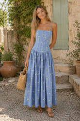 Vintage Rose Printed A-Line Cotton Midi Dress in Blue