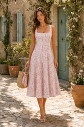 Vintage Rose Printed Square Neck A-Line Cotton Midi Dress in Pink