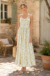 Vintage Rose Printed Sweetheart A-Line Cotton Midi Dress in Yellow