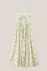 Vintage Rose Printed Sweetheart A-Line Cotton Midi Dress in Yellow
