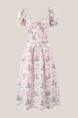 Vintage Square Neck A -Line Rose Printed Cotton Midi Dress in Pink