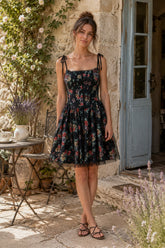 Vintage Square Neck Rose Printed Cotton Mini Dress in Black