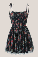 Vintage Square Neck Rose Printed Cotton Mini Dress in Black