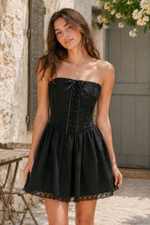 Vintage Strapless A-Line Cotton Mini Dress in Black