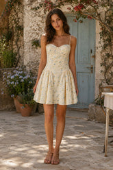Vintage Sweetheart A-Line Rose Printed Cotton Mini Dress in Yellow