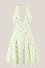 Warm Halter Rose Printed Cotton Mini Dress in White